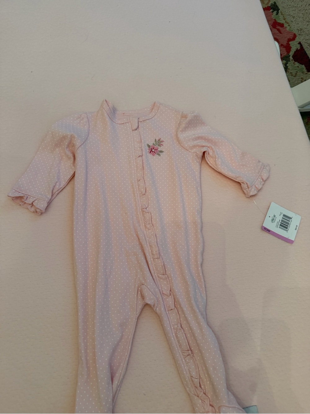 Little Me Light Pink Polka Dot Footie with Floral Embroidery